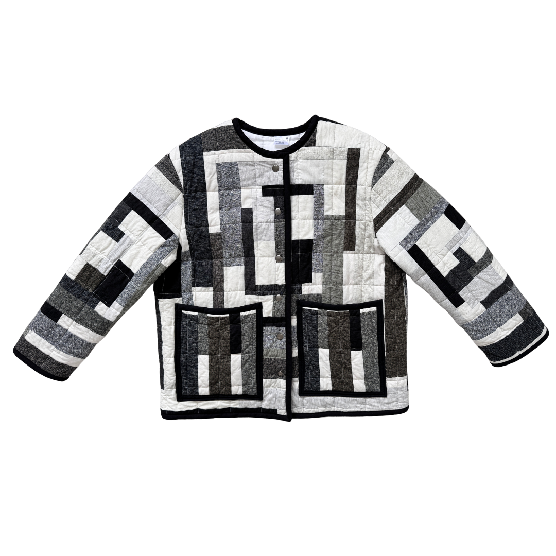 Recycled Geometric Grayscale Quilted Jacket | Large / Extra-Large
