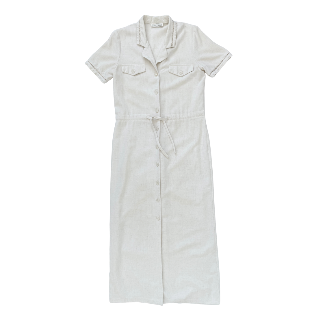 Vintage 1980s-1990s Tall Girl Beige Cotton and Linen Maxi Shirtdress | Medium