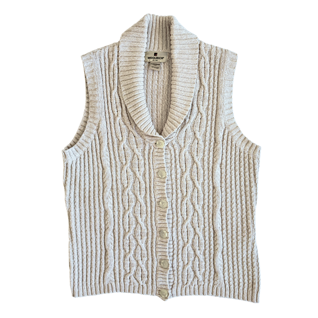 Vintage 1990s Woolrich Cotton Blend Marled Beige Cable Knit Sweater Vest