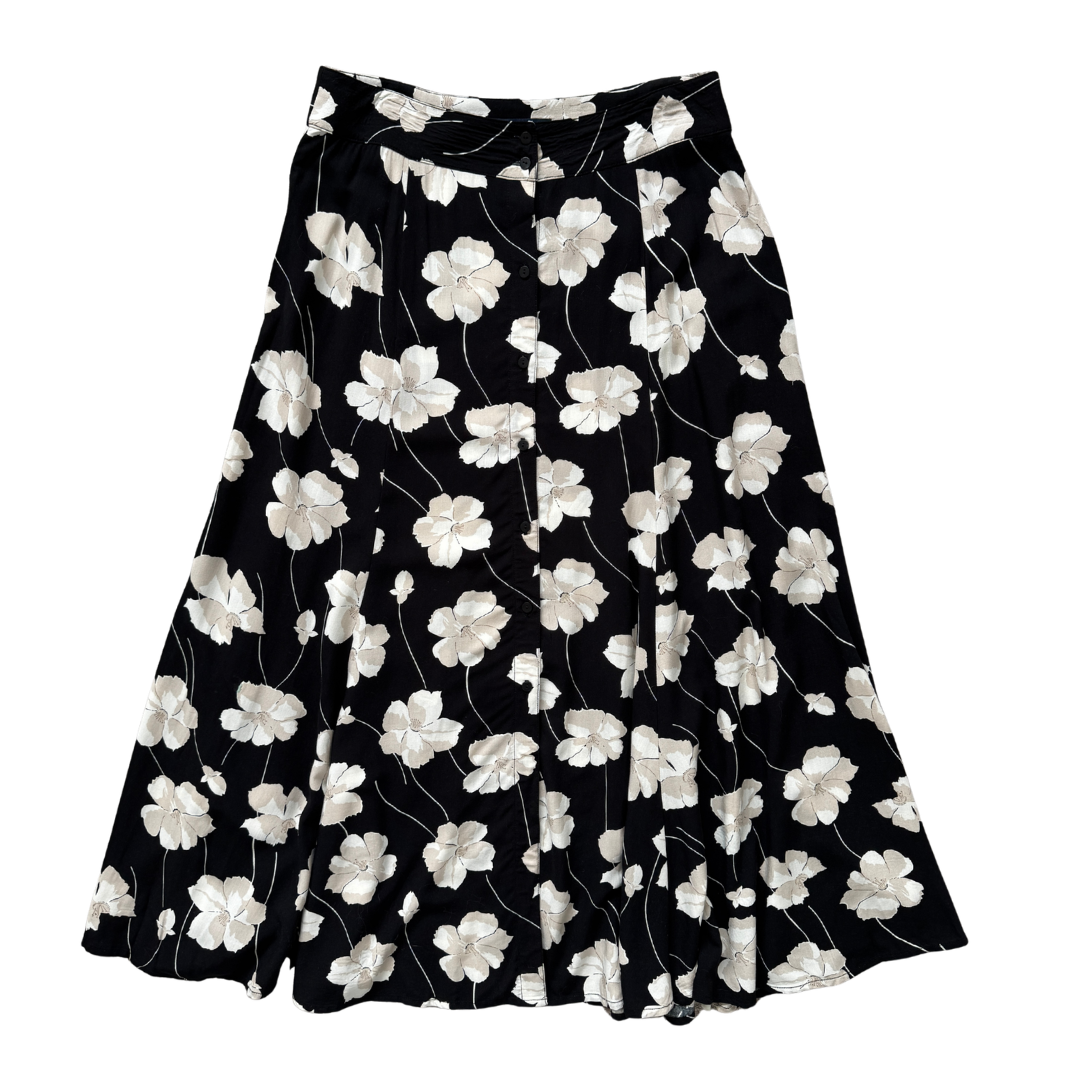 Chaps Black Button Front Maxi Skirt with Beige Flowers | Small