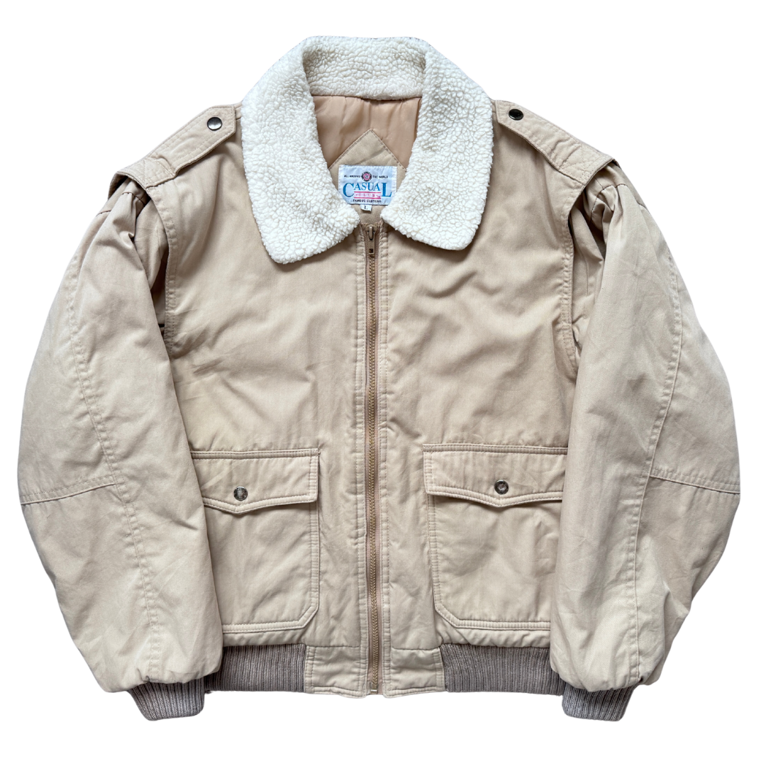 Vintage 1980s-1990s Men's Casual Club Beige Bomber Jacket with Sherpa Collar | Medium-Large