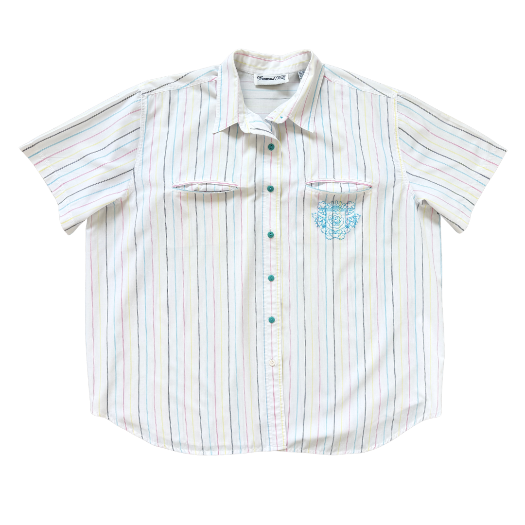 Vintage 80s-90s Men's Diamond Hill White Multicoloured Pinstripe Button Down Shirt | Extra-Large