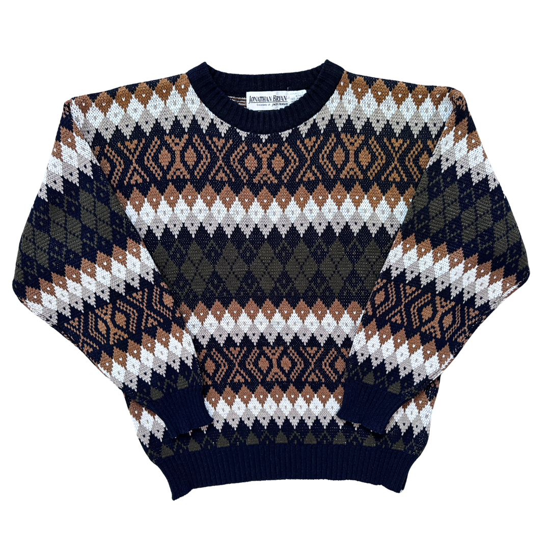 Vintage 1980s-1990s Johnathan Bryan Orange, Black and White Abstract Print Sweater | Medium