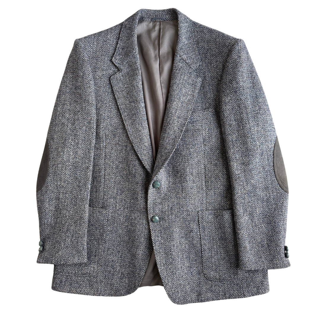 Vintage 1980s-1990s Men's Gray Harris Tweed Blazer with Suede Elbow Patches | Large