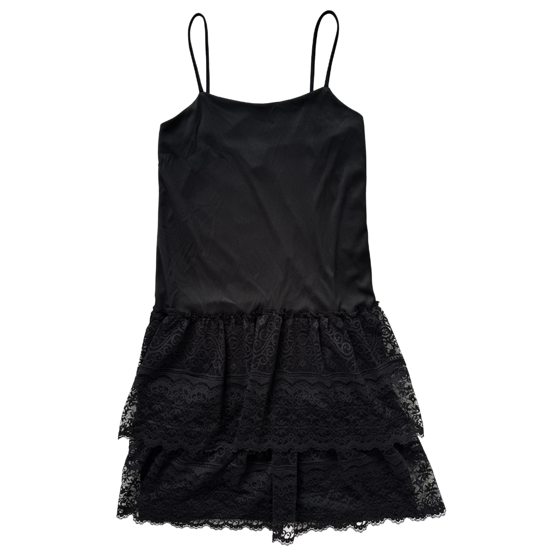 Vintage 80s House of Nu-Mode Black Tiered Lace Drop Waist Dress | Small