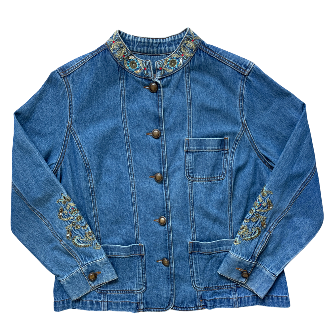 Vintage 1990s-2000s Tanjay Petites Embroidered Denim Jacket | Large / Extra-Large