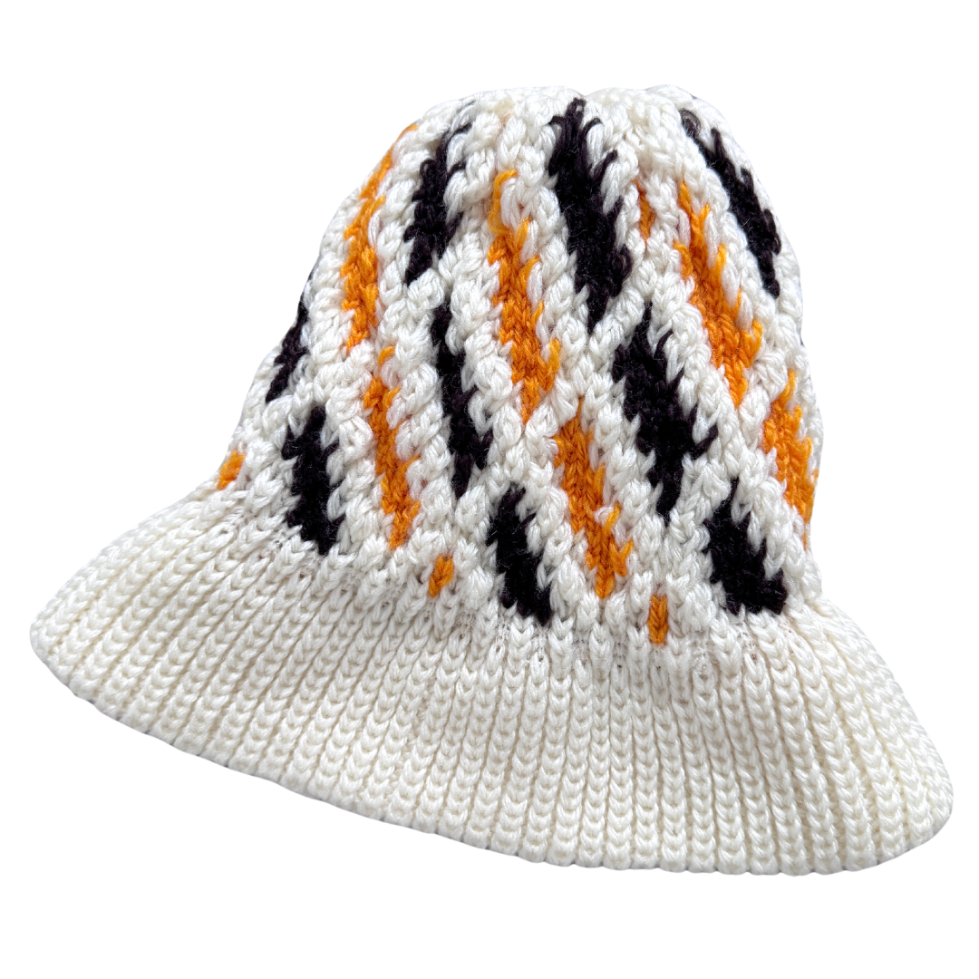 Vintage Cream Hand Knit Winter Hat with Geometric Pattern