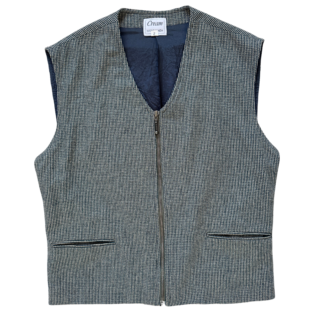 Vintage 1980s-1990s Cream Black and Beige Wool Blend Checkered Vest | Small-Medium