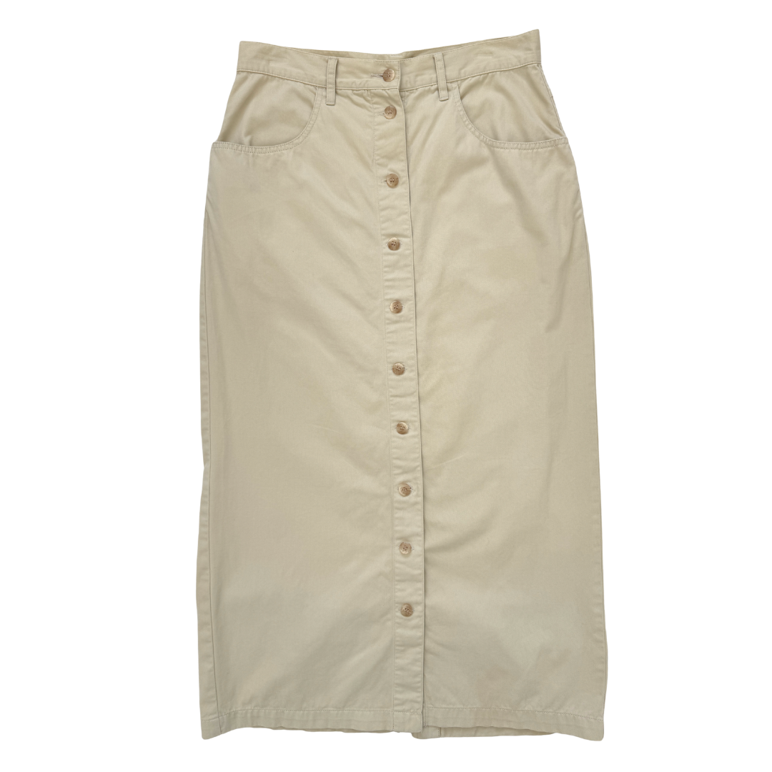 Vintage 1990s Eddie Bauer Beige Cotton Button Front Maxi Skirt | Medium