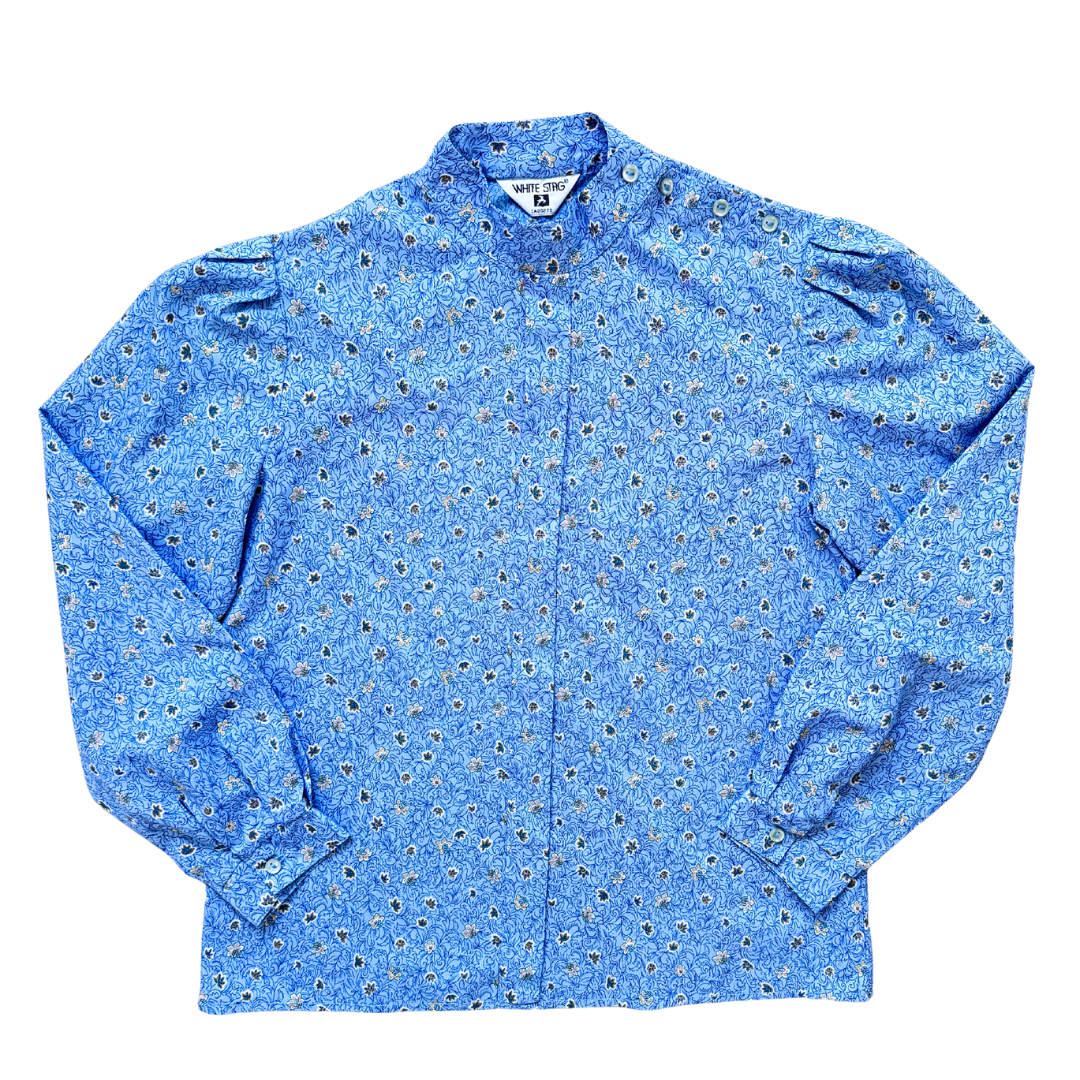 Vintage 1970s White Stag Blue Floral High Neck Blouse | Small-Medium