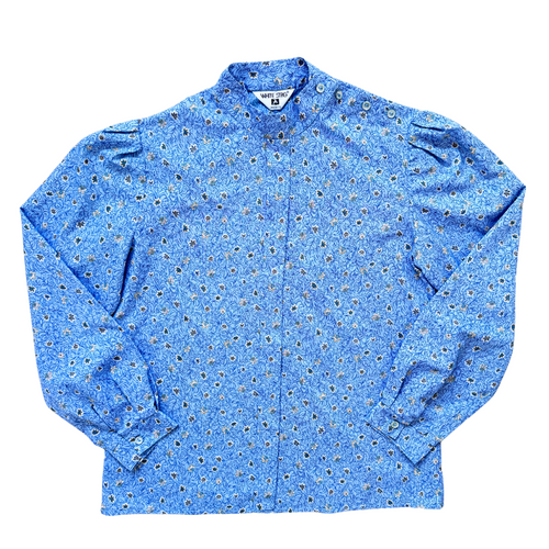 Vintage 1970s White Stag Blue Floral High Neck Blouse | Small-Medium