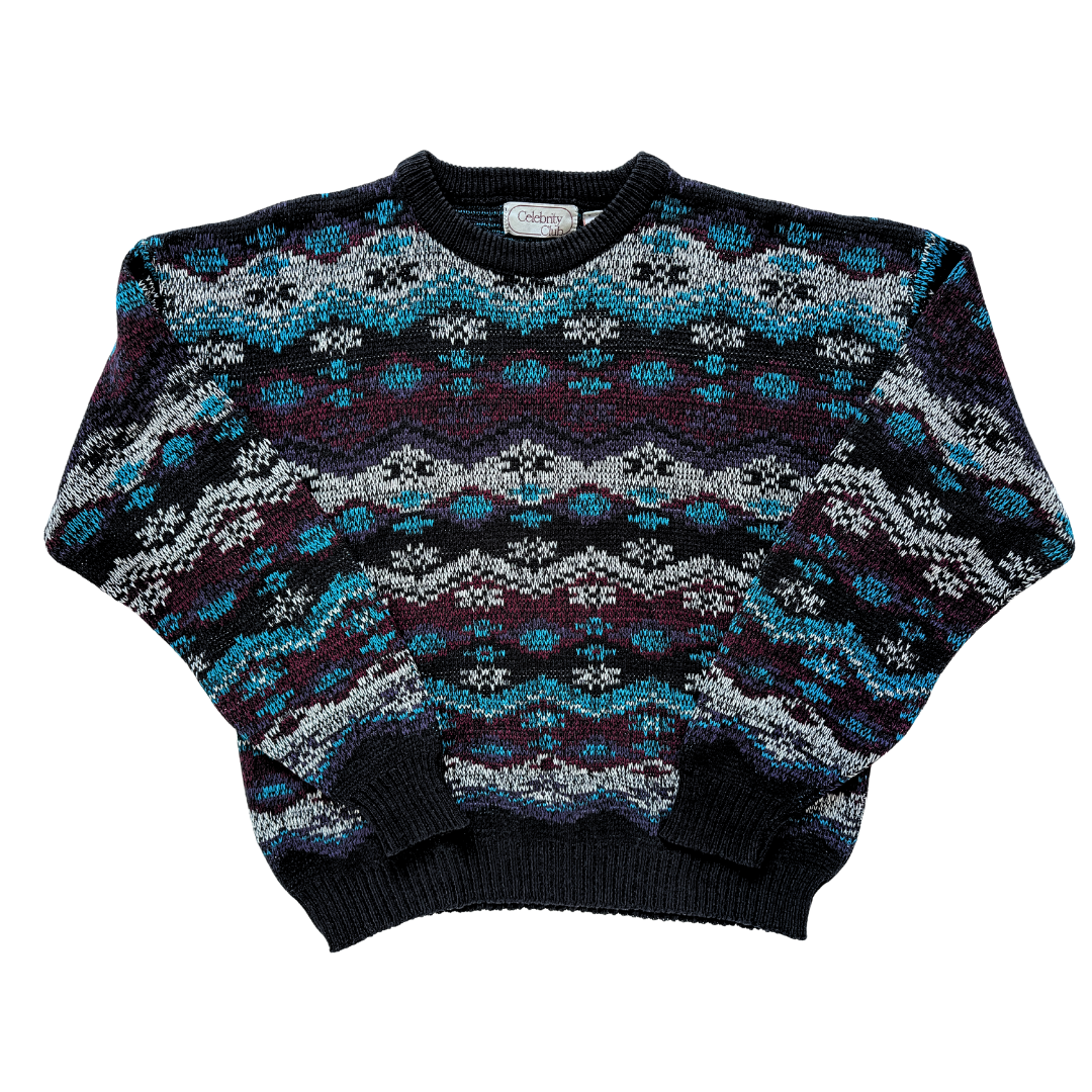 Vintage 1980s-1990s Celebrity Club Men's Geometric Knit Sweater | Extra-Large