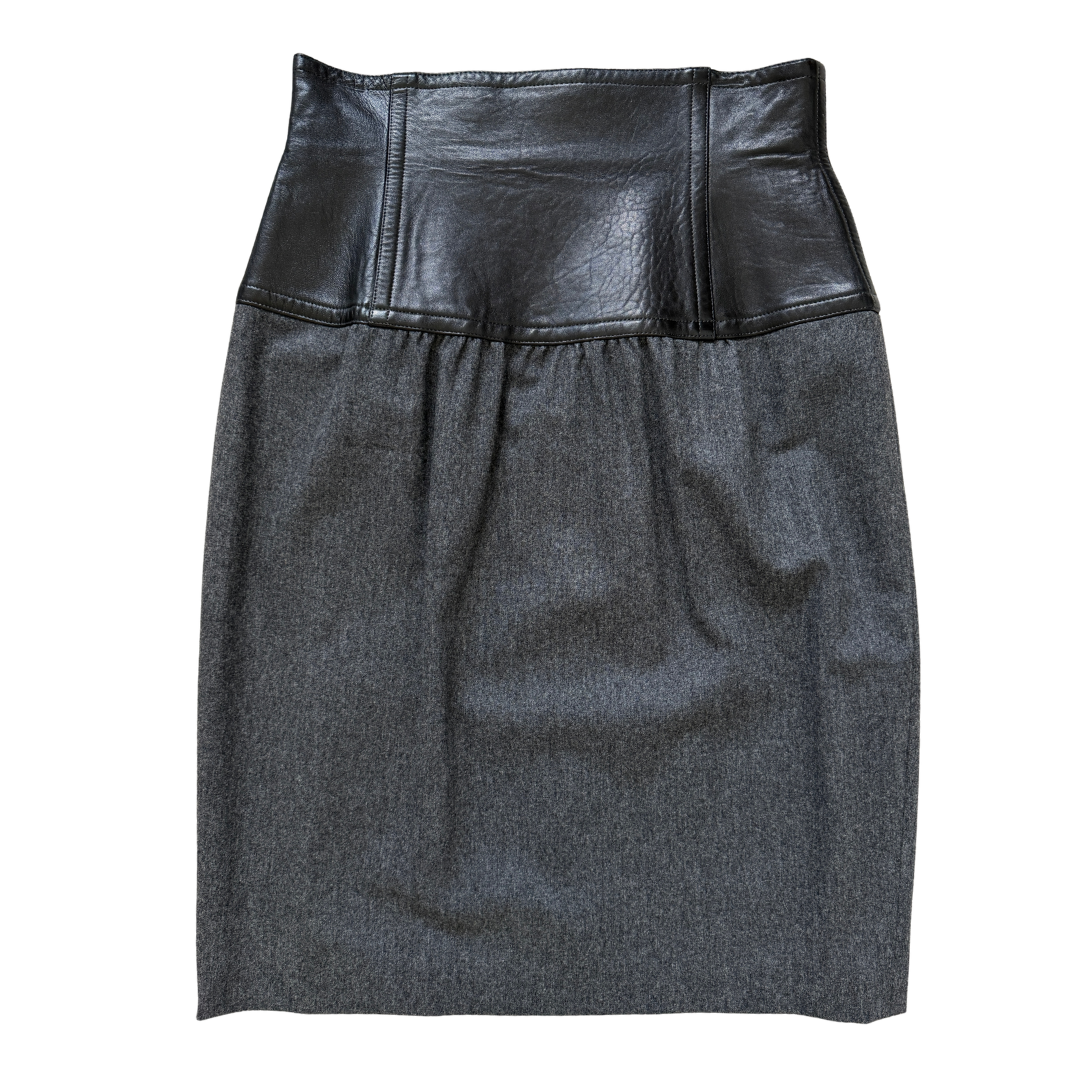 Vintage 80s Escada Leather and Wool Straight Pencil Skirt | 40 (Large)