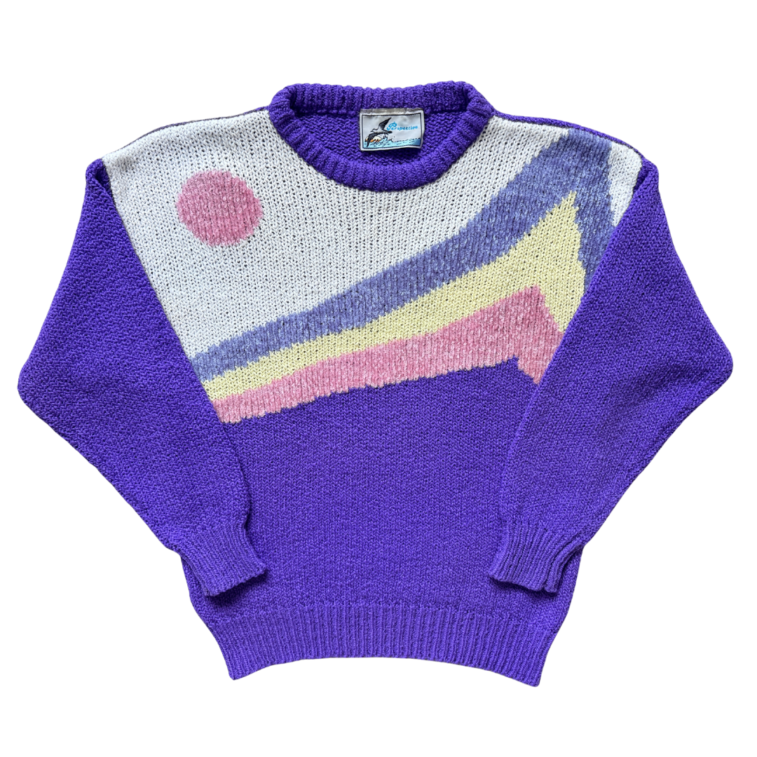 Vintage 1980s Perspective Purple Knit Sunset Graphic Sweater | Large
