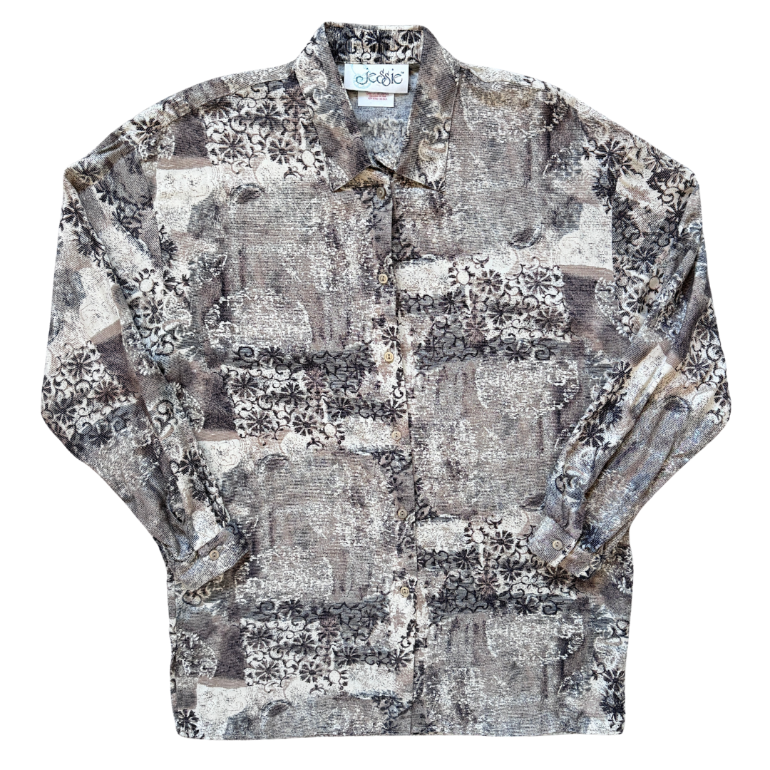 Vintage 1980s Jessie Neutral Tones Abstract and Floral Blouse | Medium-Large