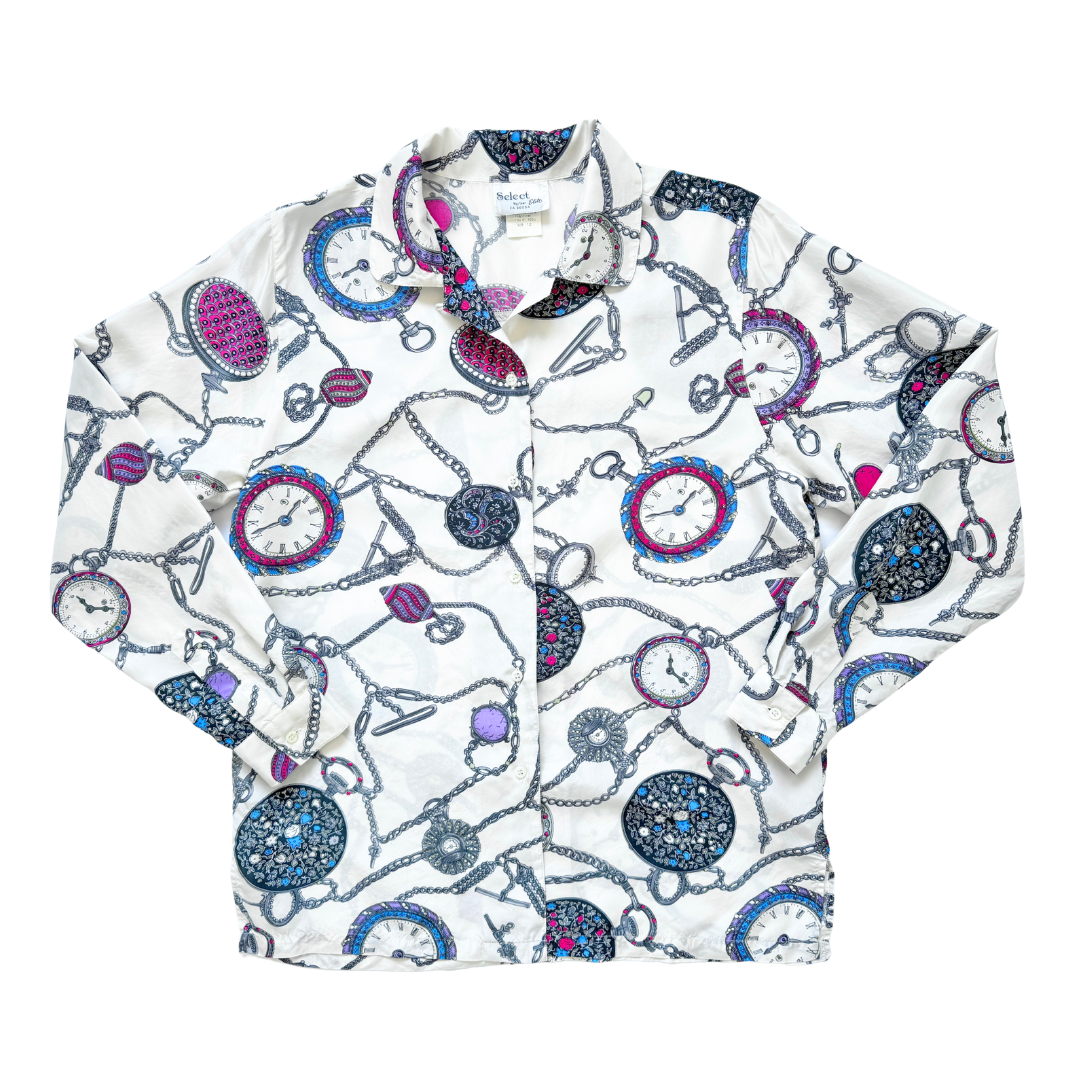 Vintage 80s Select by Elite Silk Blouse with Clock Graphic | Medium - Large