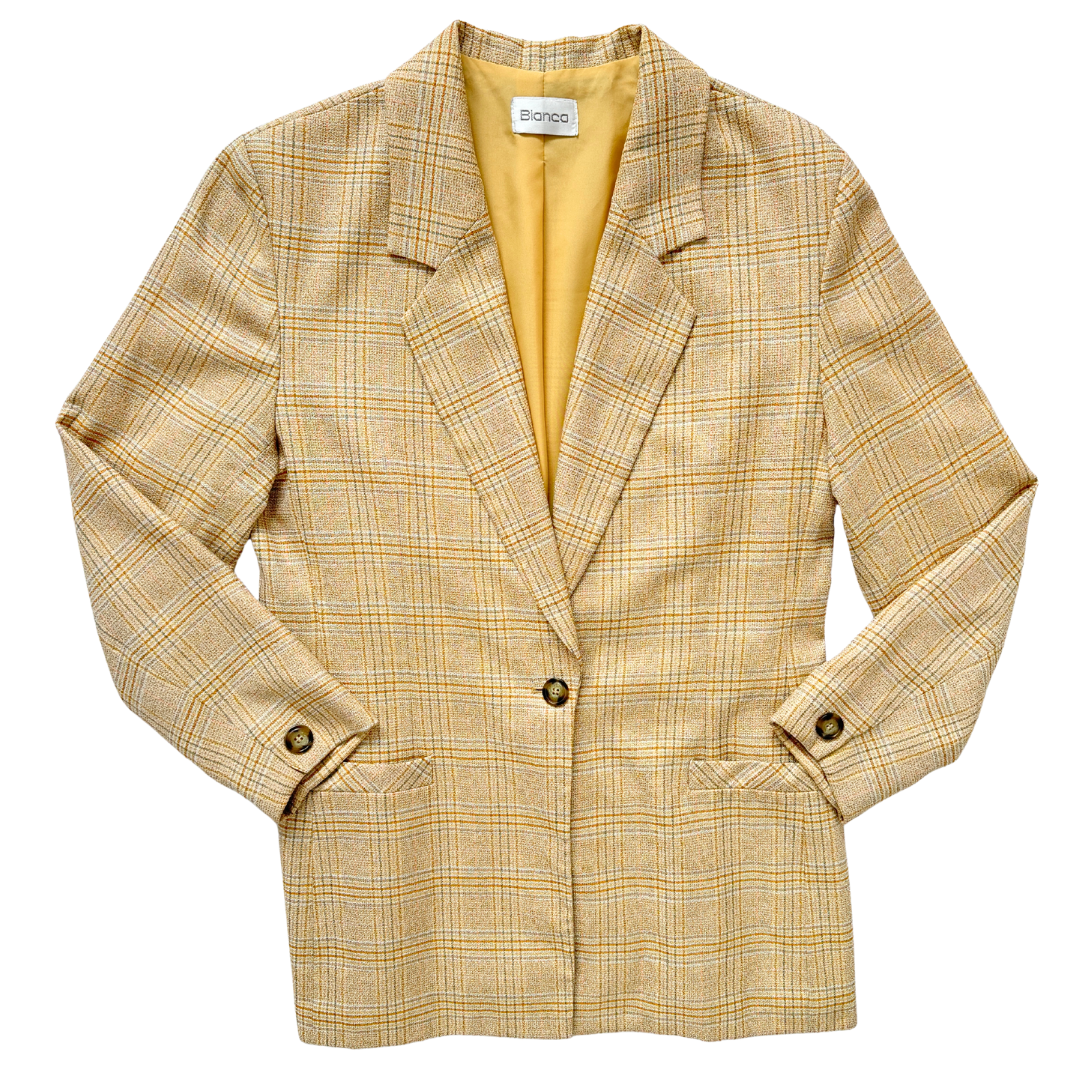 Vintage 1980s Bianca Yellow and Grey Plaid Blazer | Medium