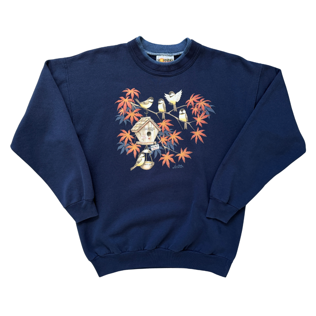 Vintage 90s Morning Sun Navy Chickadee Graphic Sweatshirt | Large