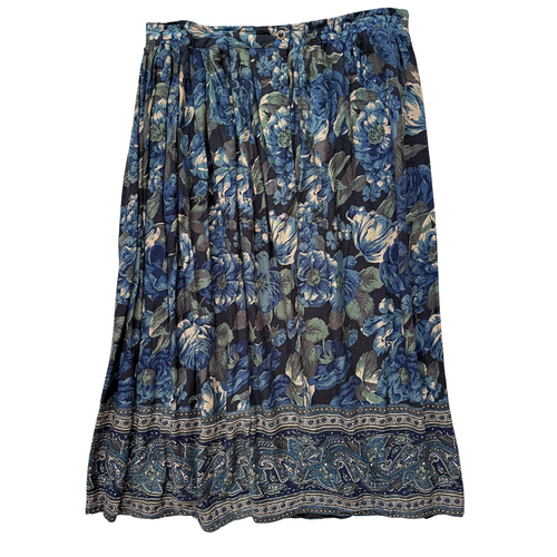 Vintage 1990s Principles Black and Blue Floral Skirt with Paisley Hem | Large / Extra-Large