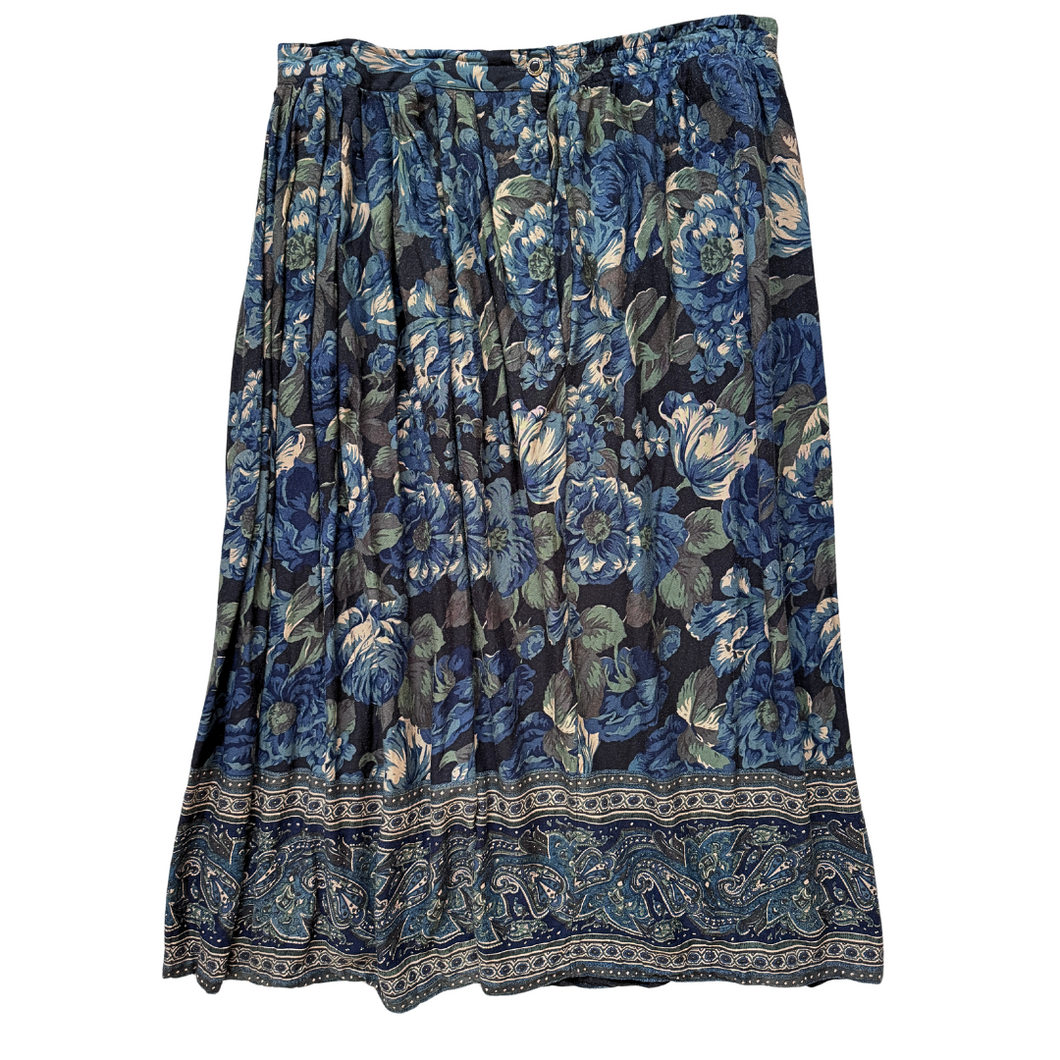 Vintage 1990s Principles Black and Blue Floral Skirt with Paisley Hem | Large / Extra-Large