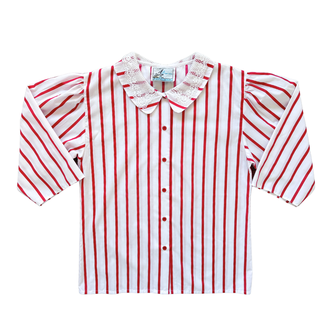 Perspective Red and White Striped Blouse with Lace Detailed Collar | Large