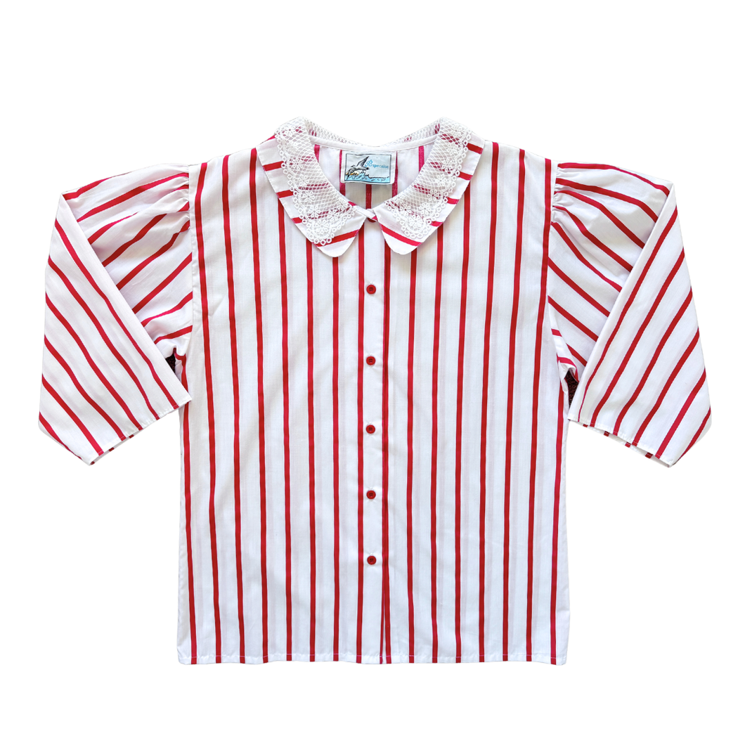 Perspective Red and White Striped Blouse with Lace Detailed Collar | Large