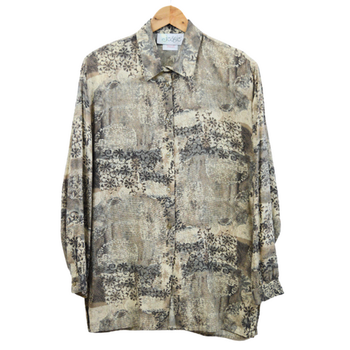 Vintage Neutral Tones Abstract and Floral Blouse | Medium-Large