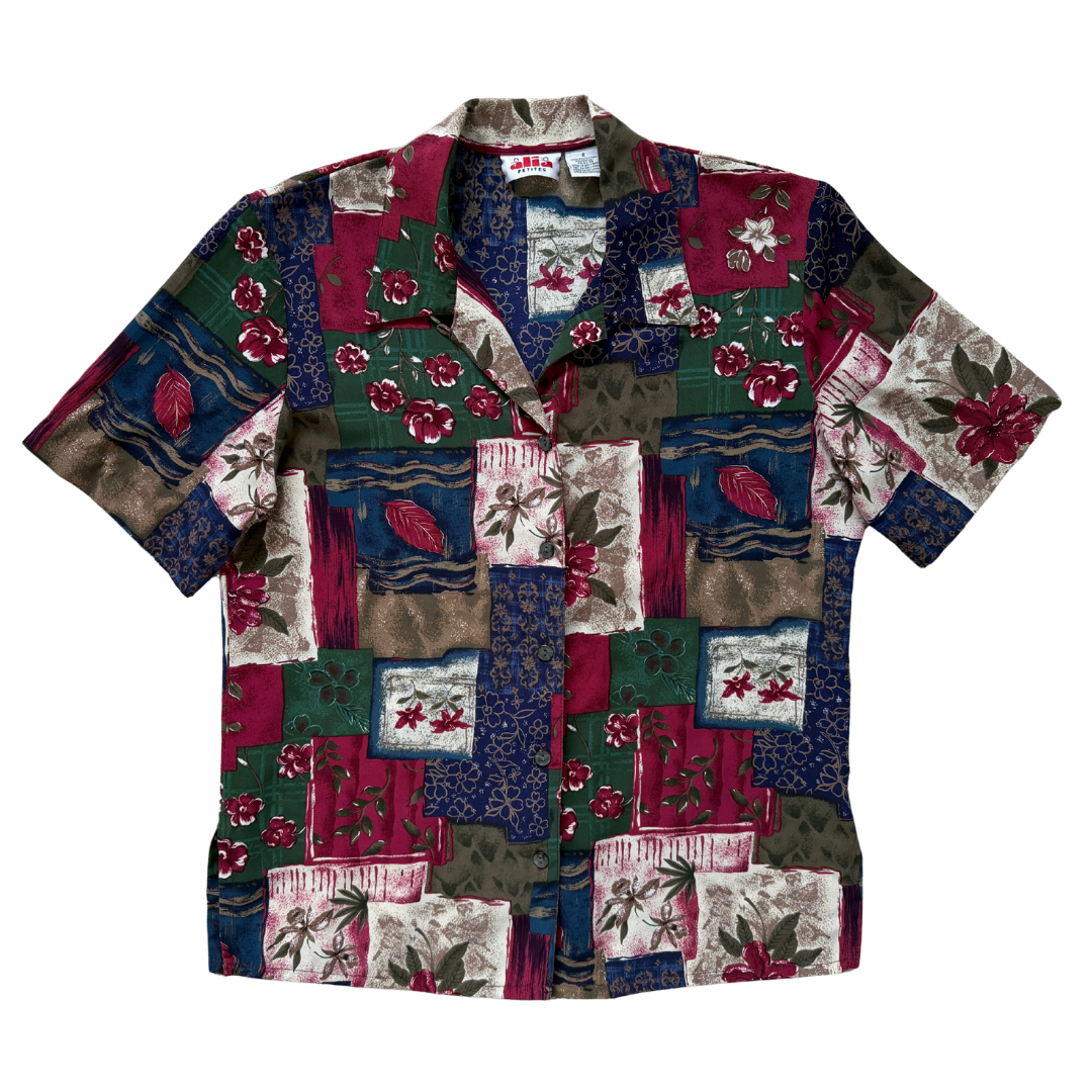 Vintage 90s Alia Dark Floral Patchprint Blouse | Large