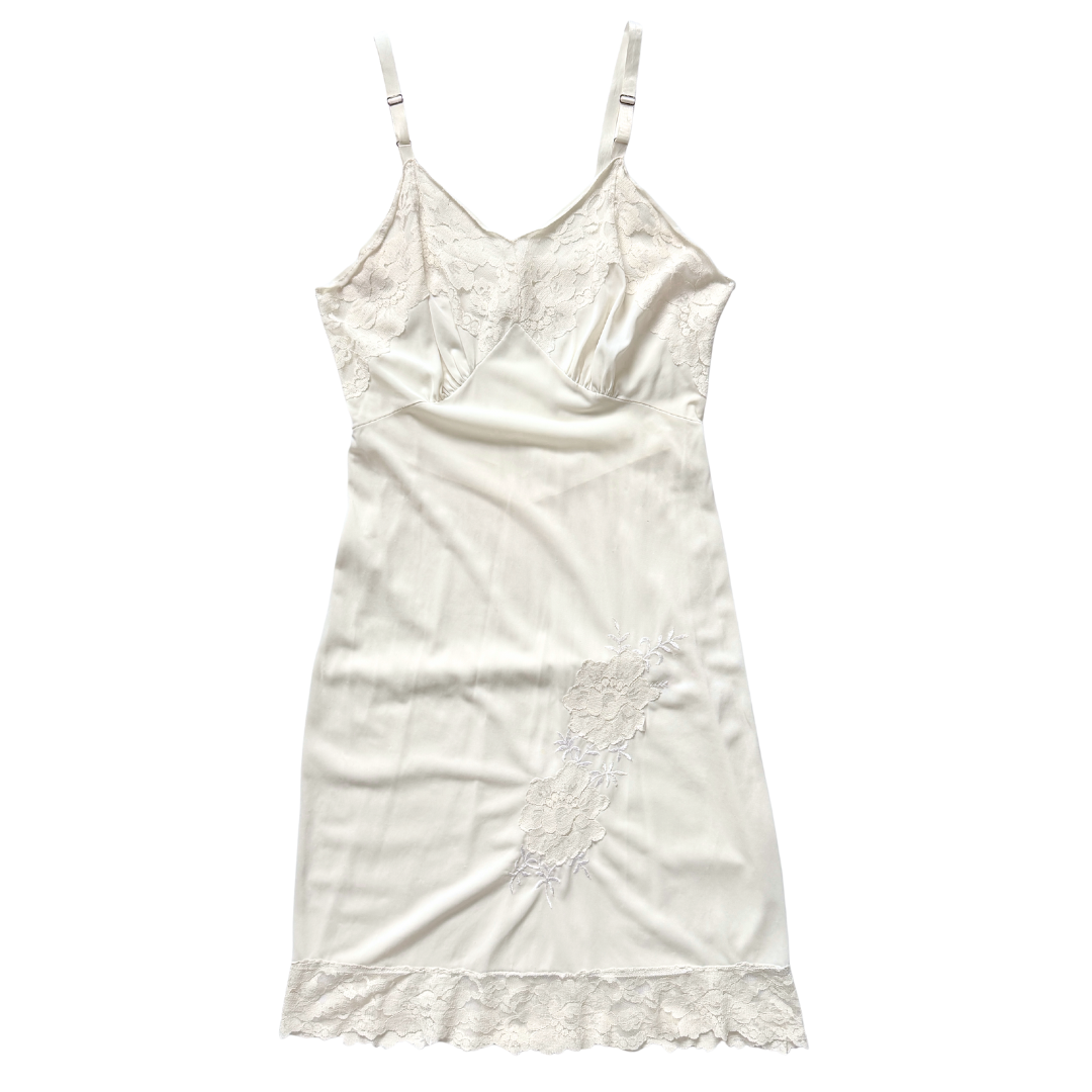 Vintage 1970s White Floral Applique Slip Dress with Lace Trim | Extra-small / Small