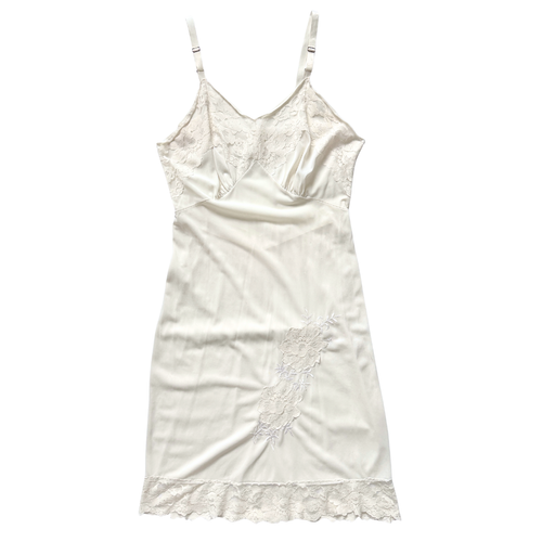 Vintage 1970s White Floral Applique Slip Dress with Lace Trim | Extra-small / Small