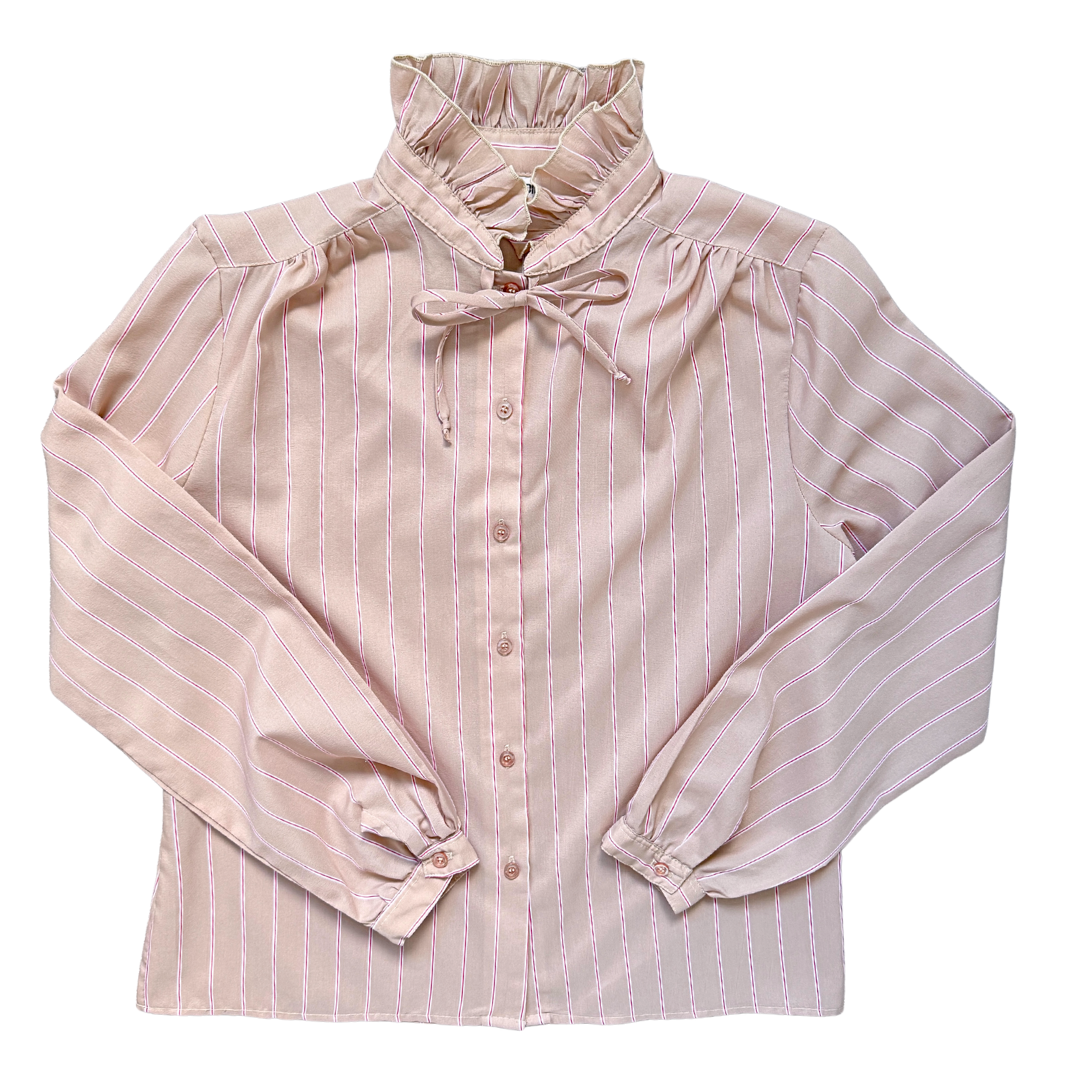 Vintage 1970s Chablis Beige and Red Striped Ruffle Collar Blouse | Medium
