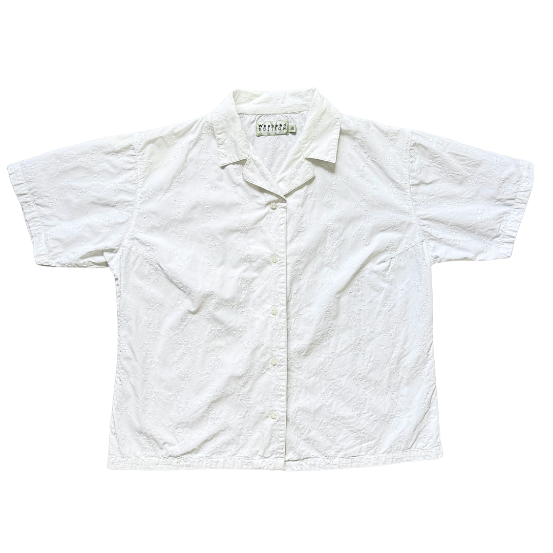 Vintage 1990s Weekend Edition White Blouse with Dainty White Embroidery | Large