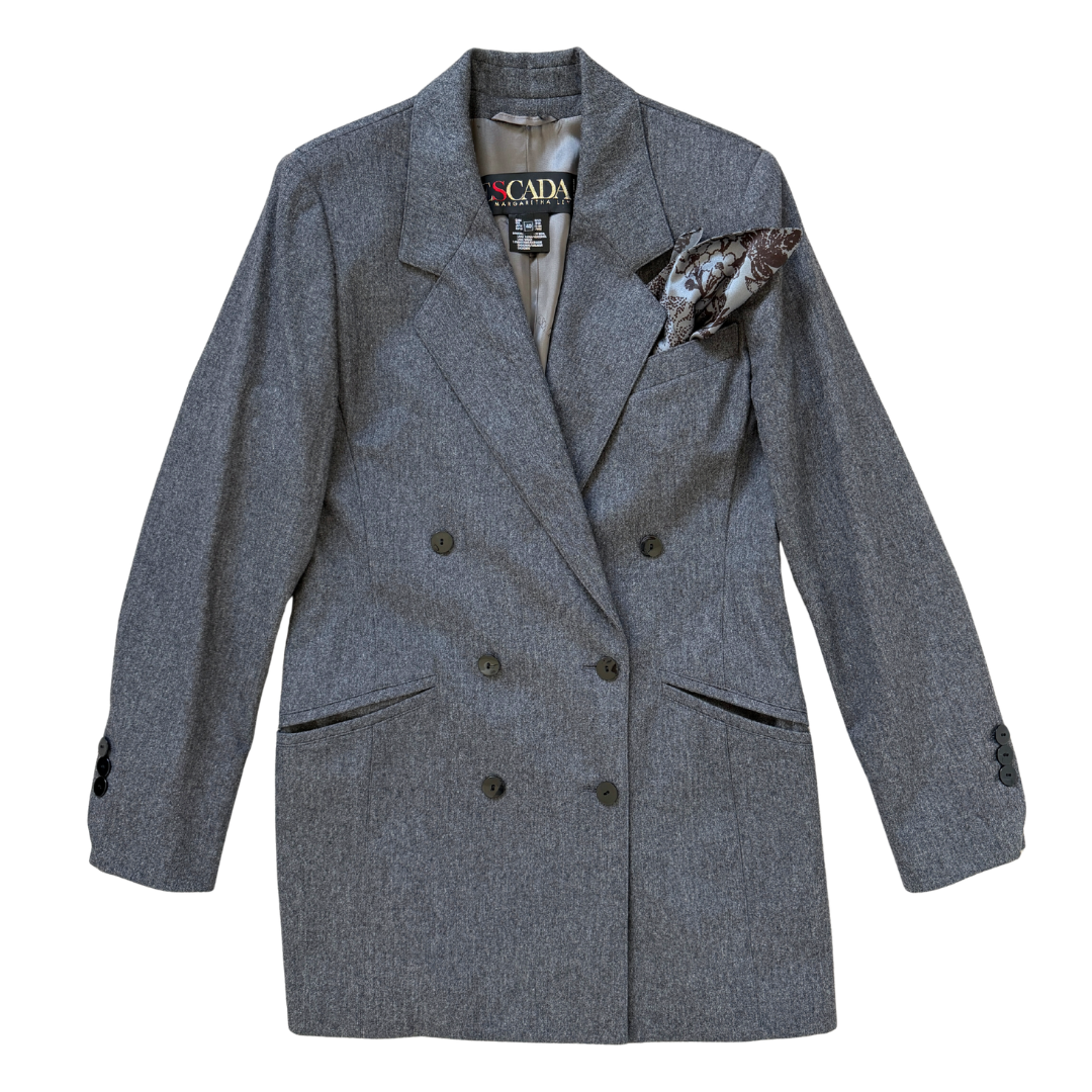 Vintage 80s Escada Dark Grey Marled Wool and Cashmere Long Suit Jacket | 40 (Large)