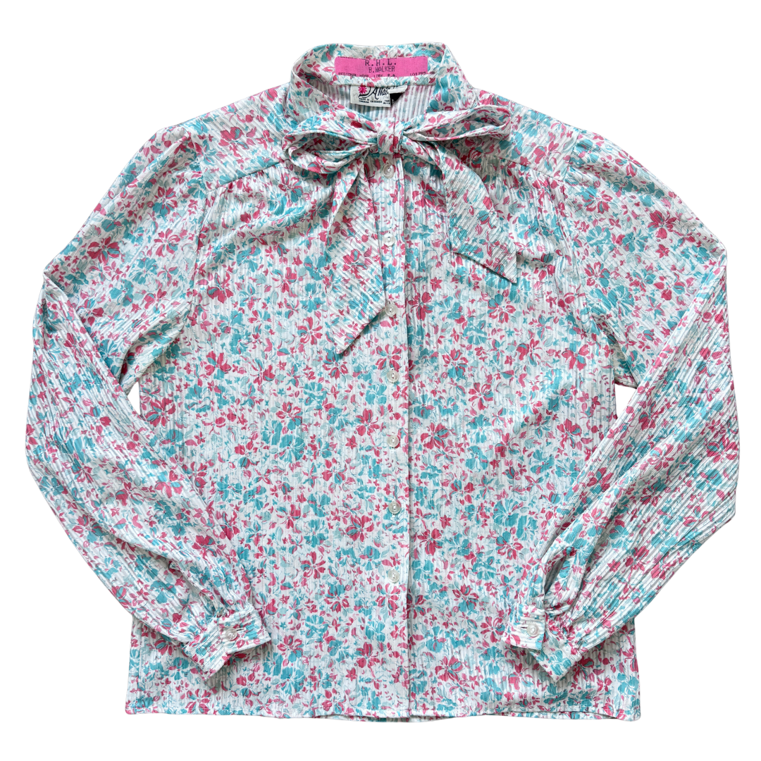 Vintage 1970s D'Allaird's Green and Red Floral Bow Collar Blouse | Small-Medium