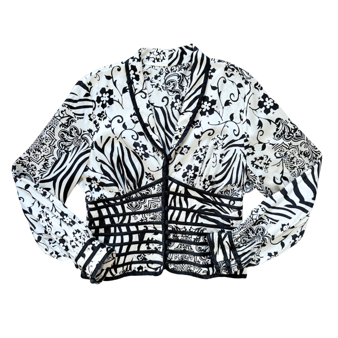 Vintage 80s Black and White Floral Silk Corset Blouse | Medium