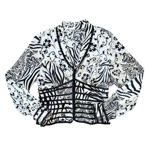 Vintage 80s Black and White Floral Silk Corset Blouse | Medium