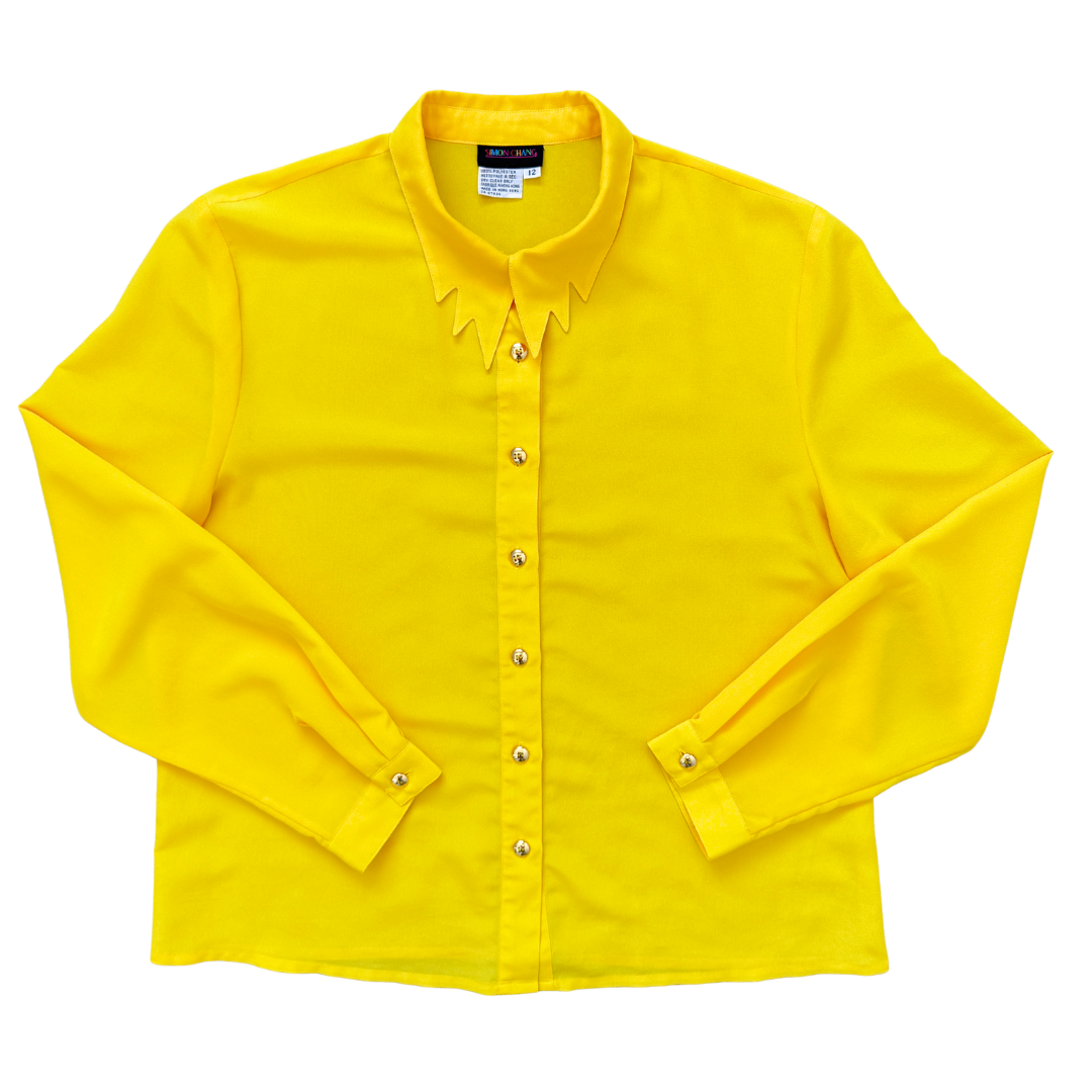 Vintage 1980s-1990s Simon Change Yellow Abstract Shape Collar Blouse | Medium- Large