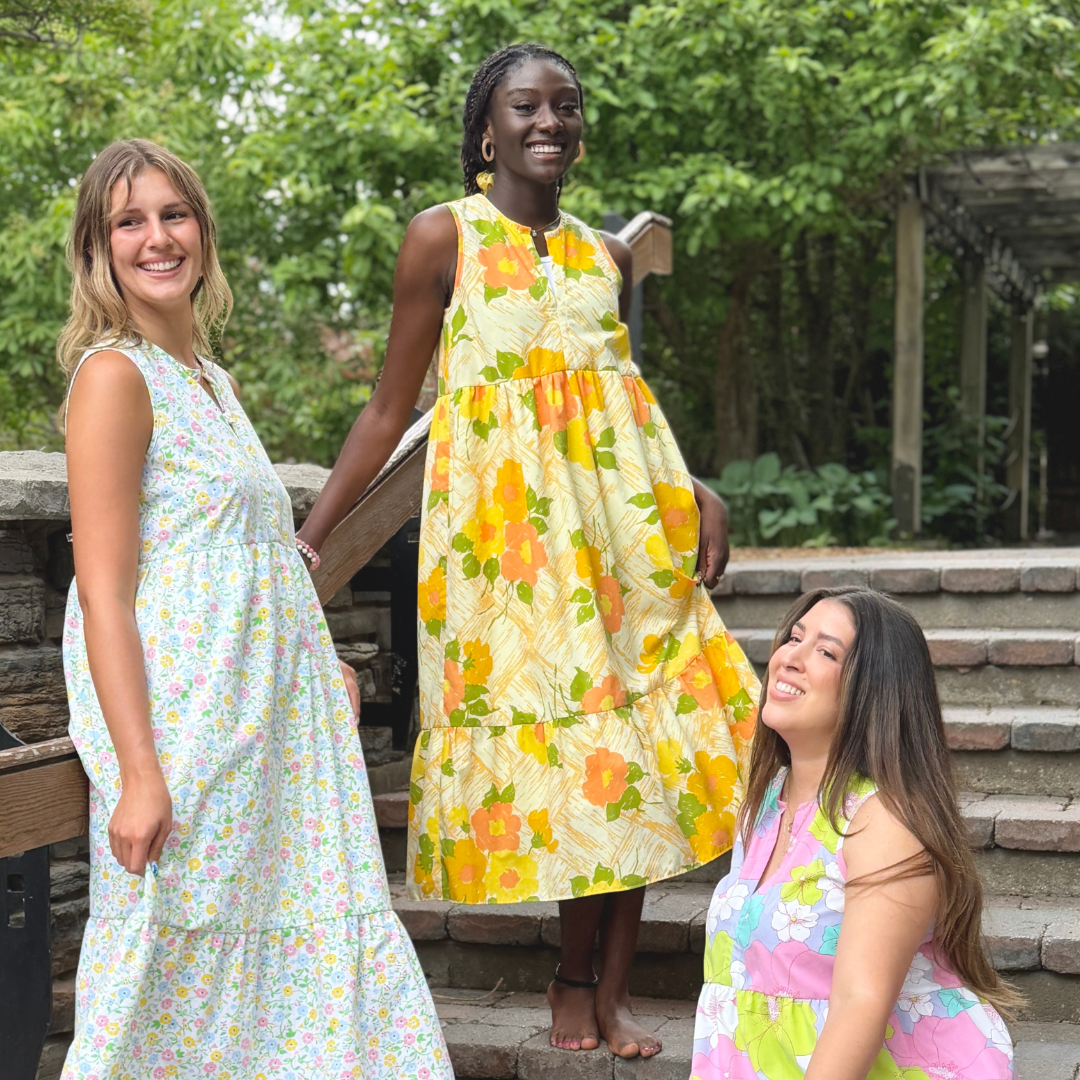 Recycled Bold Yellow and Orange Floral Ruffled Midi Play Dress | Extra-Small