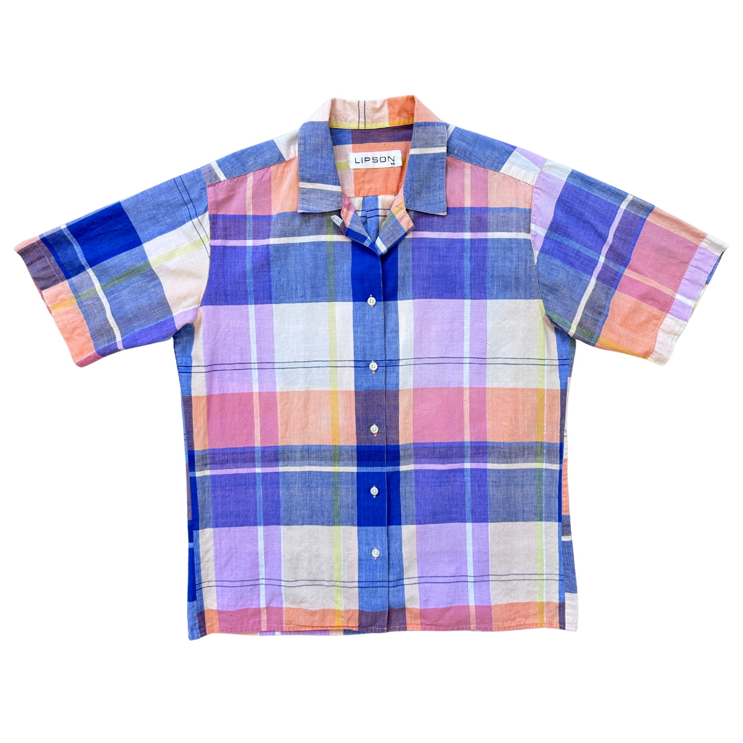 Vintage 1990s T. Lipson Pastel Plaid Collared Blouse | Medium-Large