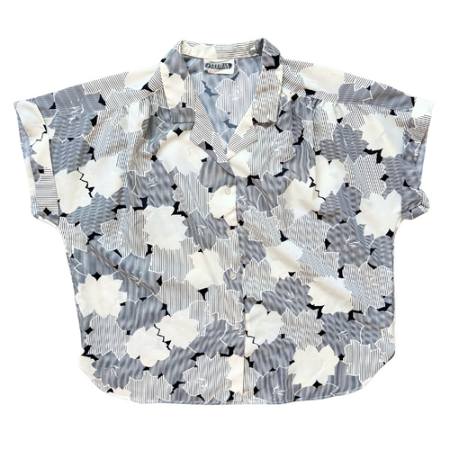 Vintage 1970s-1980s Freeman Black and Cream Floral and Abstract Print Blouse | Large /Extra-Large