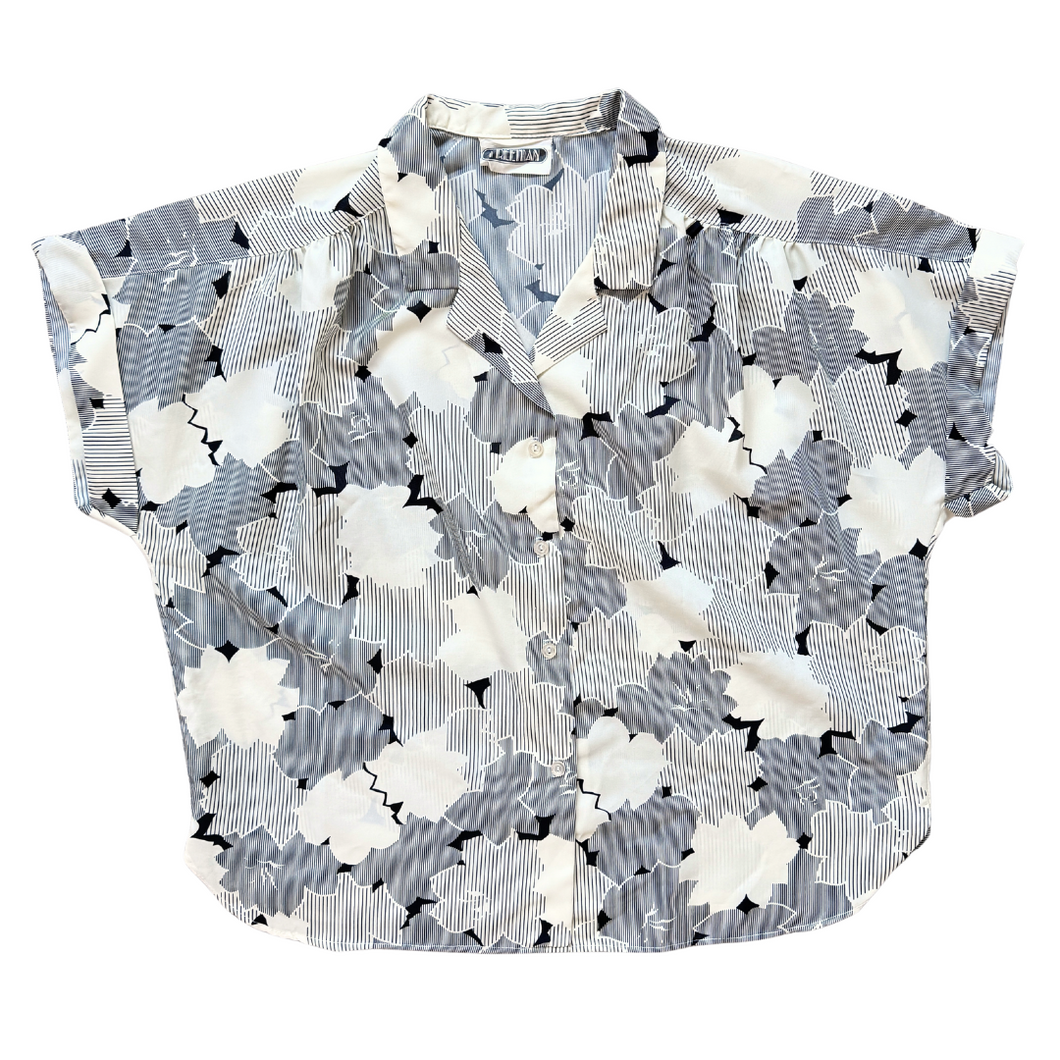 Vintage 1970s-1980s Freeman Black and Cream Floral and Abstract Print Blouse | Large /Extra-Large