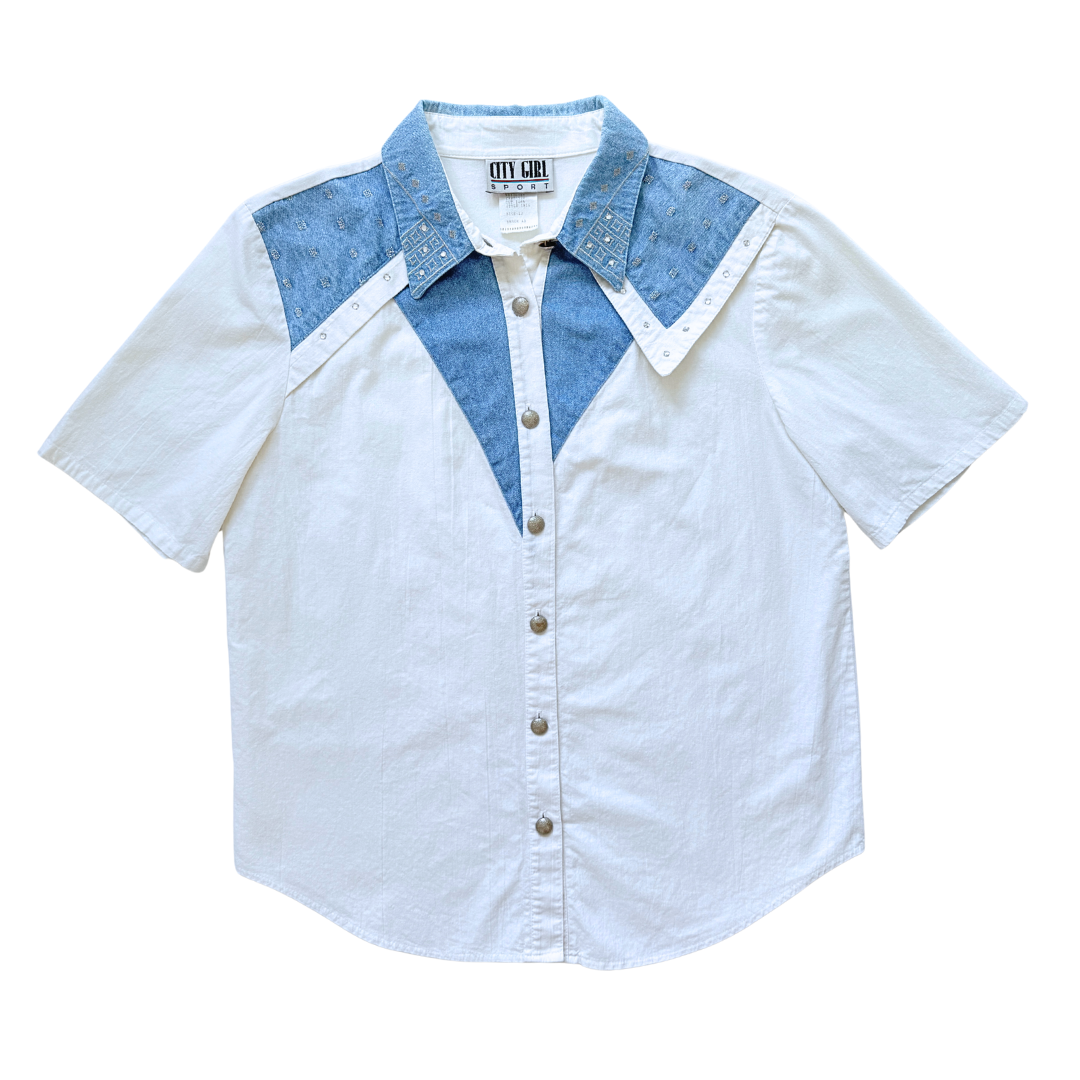 Vintage 1980s City Girl Sport Cotton and Denim Blouse | Large