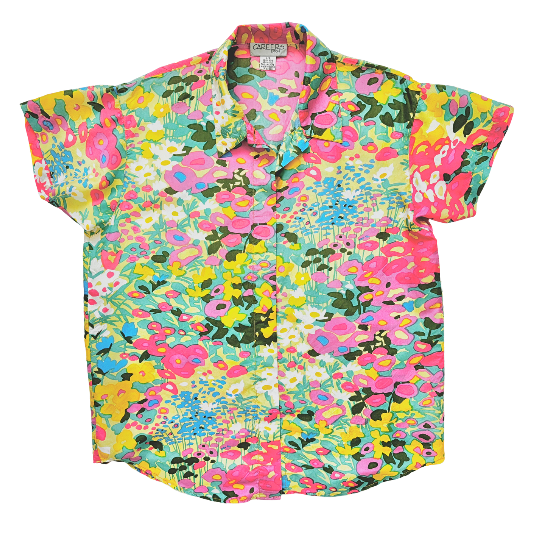 Vintage 80s Career Elements Bright Floral Silk Short Sleeve Blouse | Large