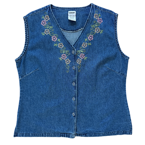 Vintage 1990s Unik Fashions Denim Floral Embroidered Blouse | Small-Medium