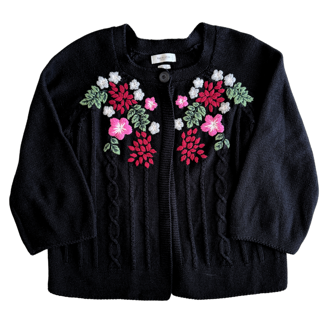 Vintage 1990s Black Cotton Cardigan with Pink and Red Embroidered Flowers | Small