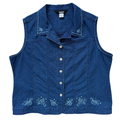 Vintage 90s Y2K Alia Petite Dark Denim Sleeveless Blouse with Embroidered Roses | Large / Extra-Large