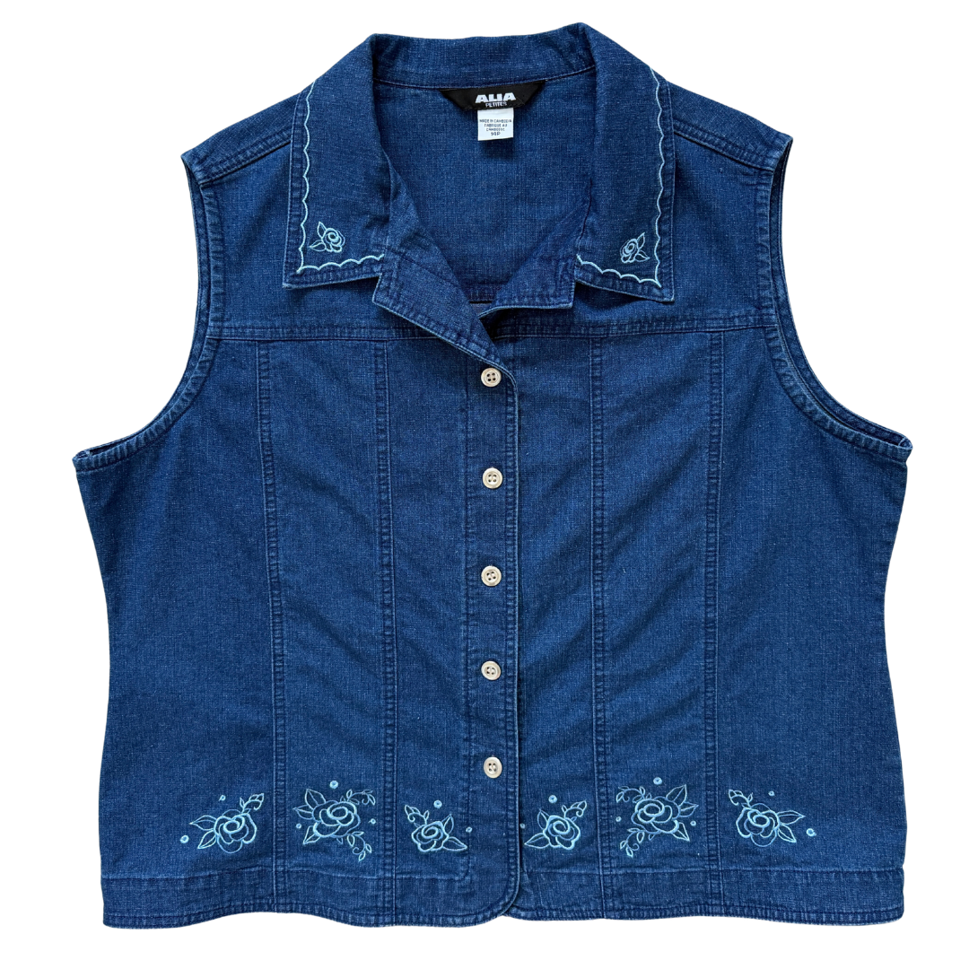 Vintage 90s Y2K Alia Petite Dark Denim Sleeveless Blouse with Embroidered Roses | Large / Extra-Large