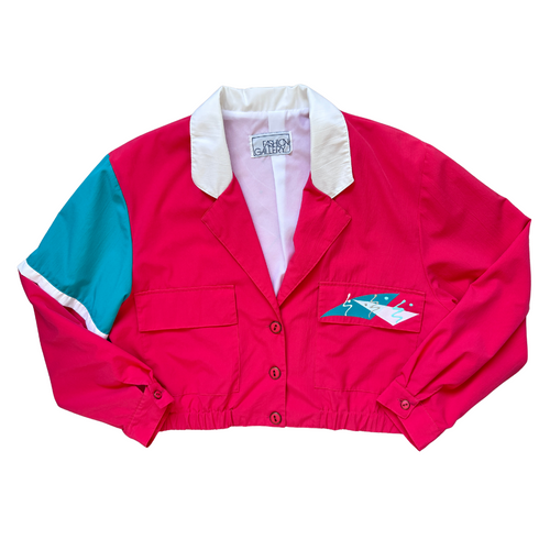 Vintage 1980s Fashion Gallery Bright Coral Abstract Graphic Jacket | Large