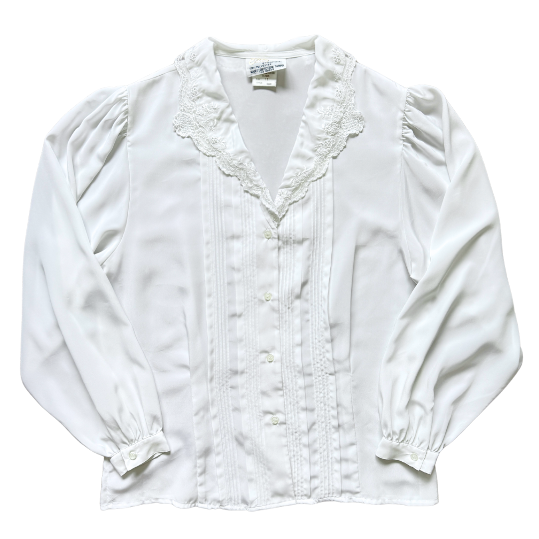 Vintage 1980s White Lace Collared Blouse | Medium-Large