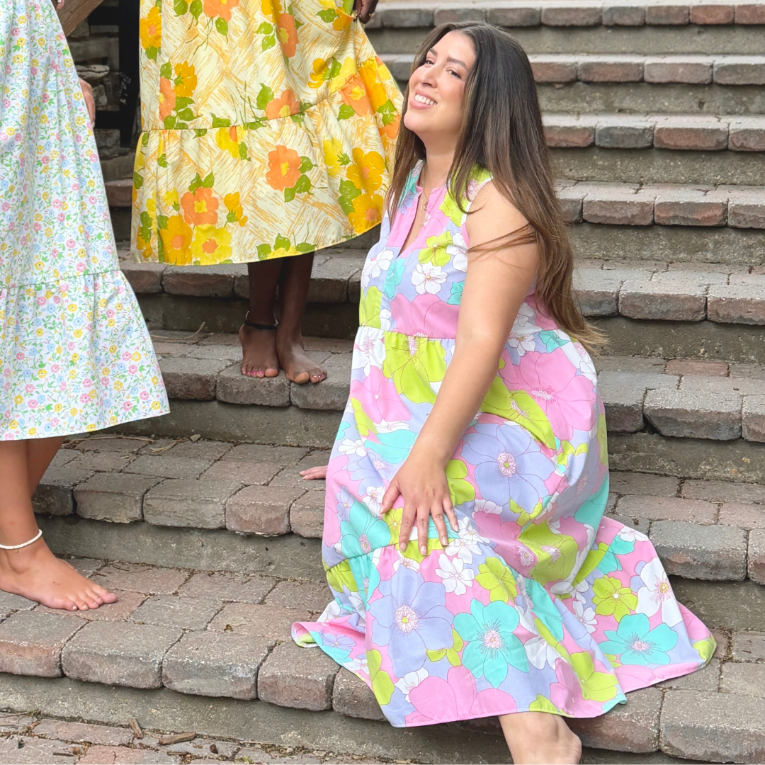 Recycled Bright Pastel Floral Ruffled Midi Play Dress | 2XL